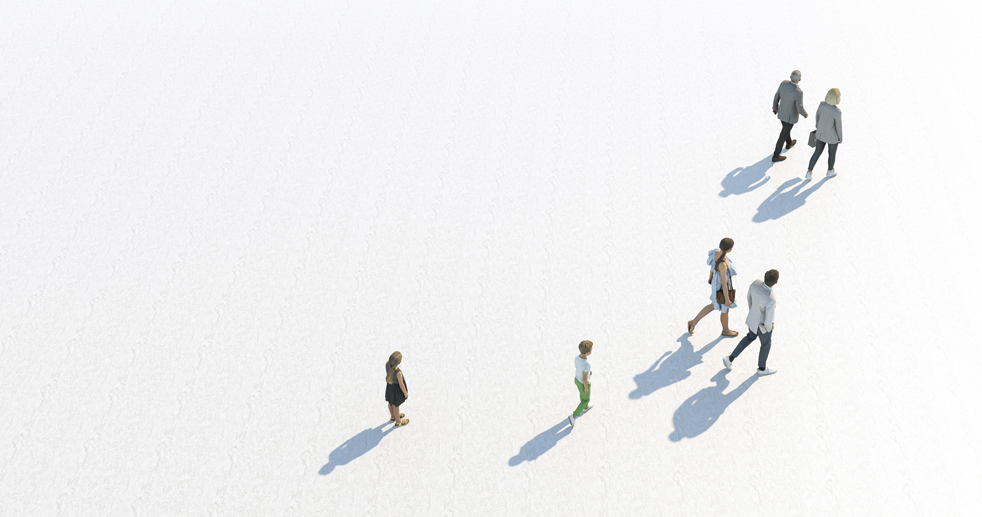 People walking through a vast white field under a matching white sky, creating a serene and minimalist landscape