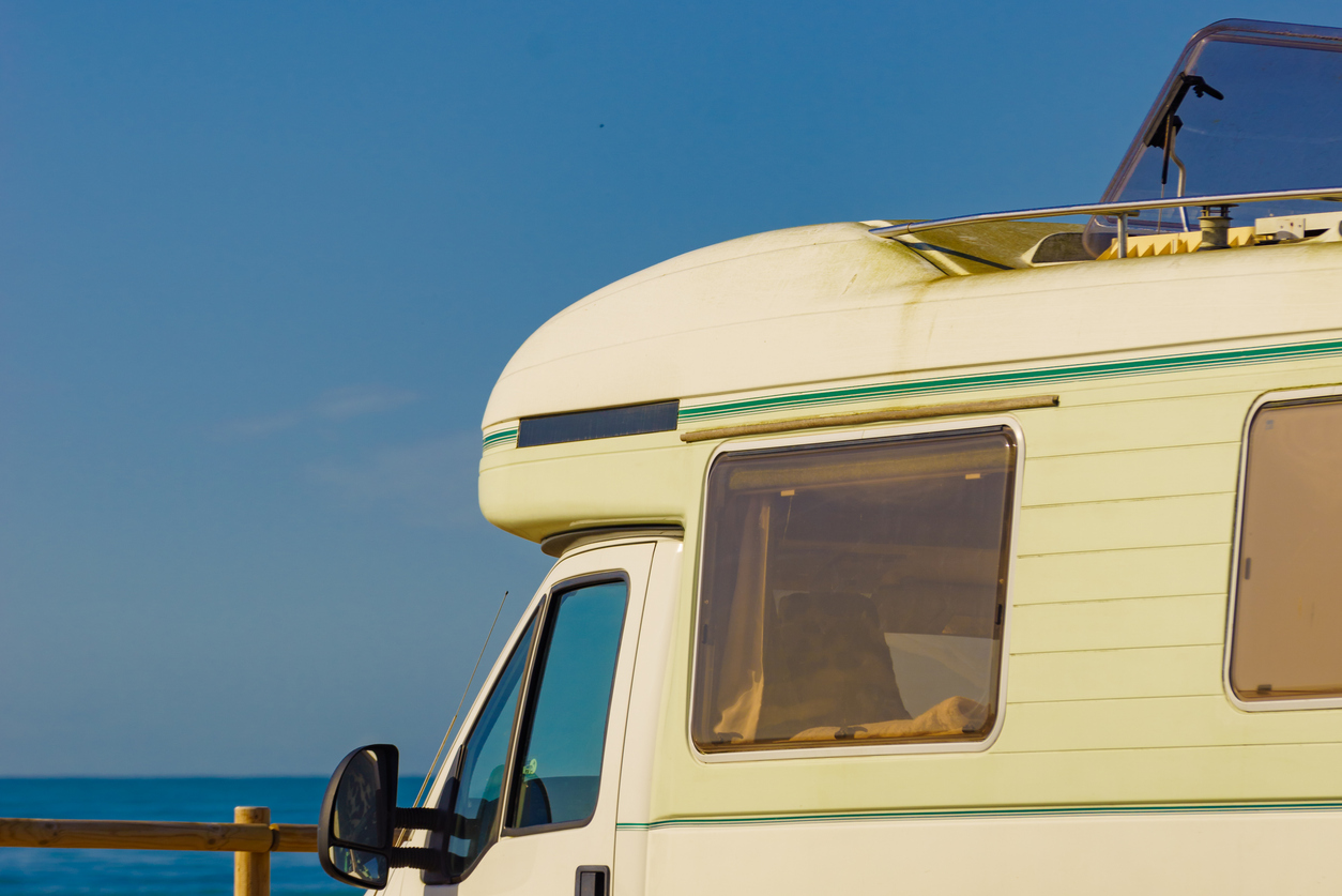 a caravan and blue sky