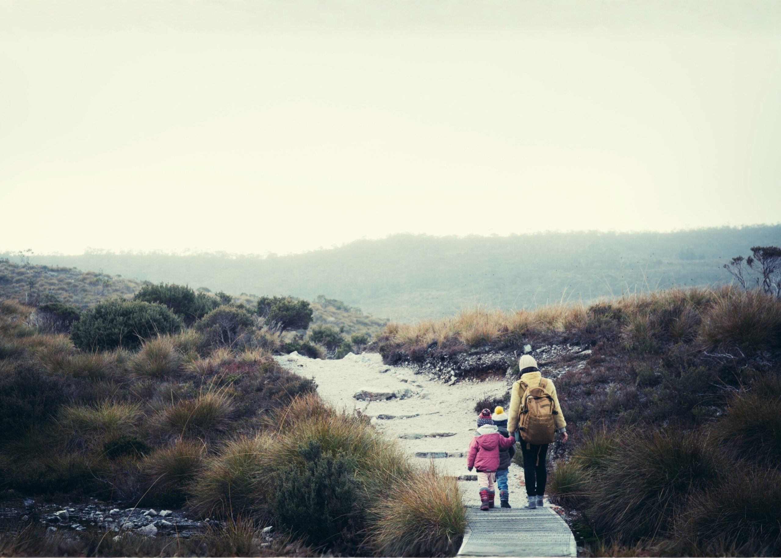 a mother and her two children walk on a boardwalk in nature