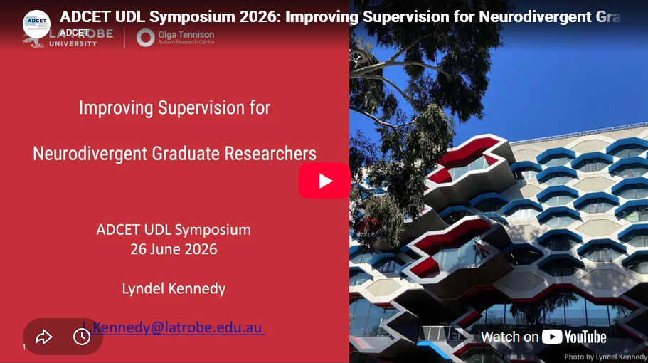 Preview of youtube item. The first PowerPoint slide of a presentation with the title:Improving Supervision for Neurodivergent Graduate Researchers - white text on a red background.