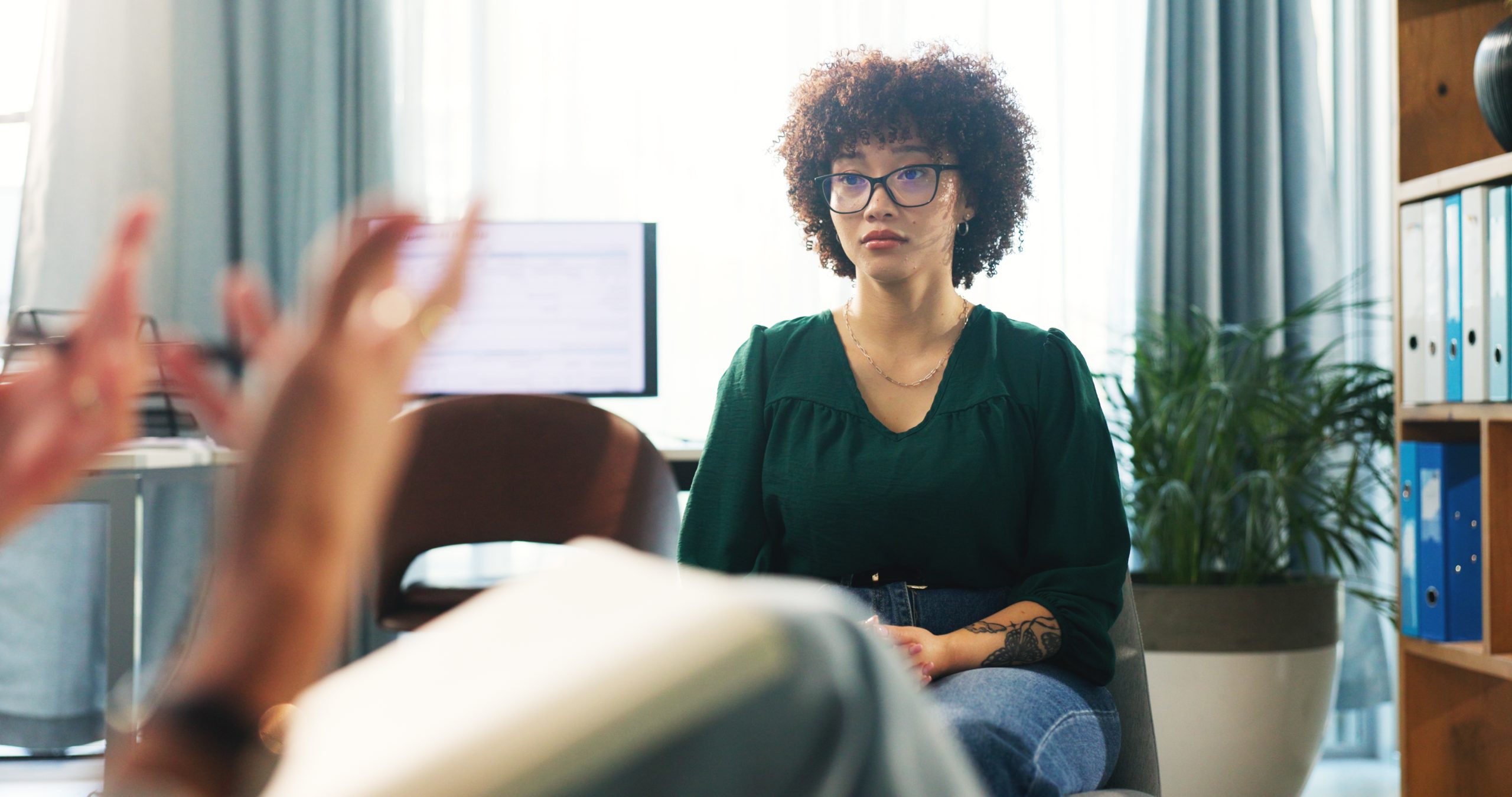 Hands, therapist and talk to person for counseling session, medical advice and assessment notes. Patient, listen and psychologist with guidance, evaluation chat and information for recovery treatment