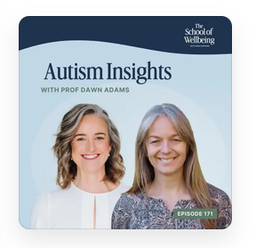 Podcast thumbnail: two women on a blue background smiling at the camera. Text states - The School of Wellbeing with Meg Durham and Autism insights with Prof dawn Adams